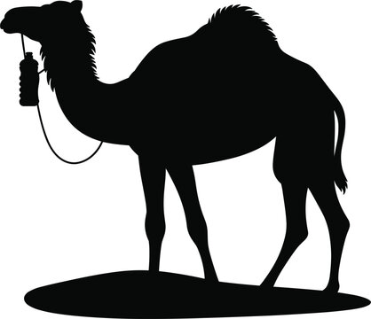 Camel silhouette vector holding walkie talkie radio, funny desert animal security guard concept design emblem