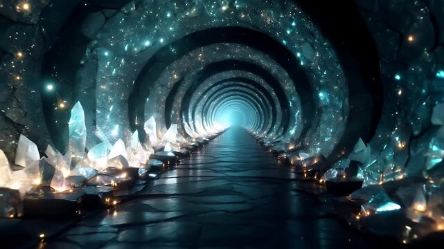 Glowing blue crystal cavern tunnel perfect for scififantasy designs, mystical settings, video game environments, or magical illustrations. Enchanting ambiance.