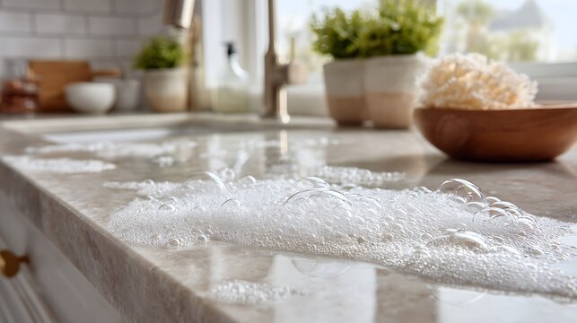Soapy foam cleaning solution on kitchen countertop.
