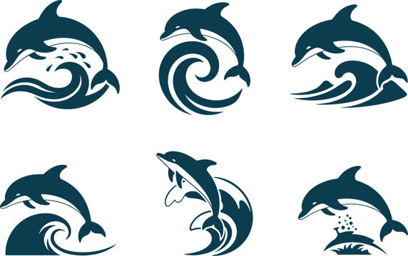 Dolphin logo vectors with ocean waves, marine life and sea animal abstract jumping emblems