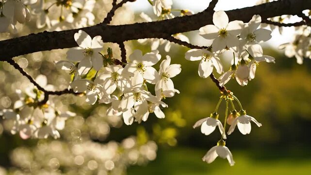 Delicate white cherry blossoms glow in the warm golden hour light