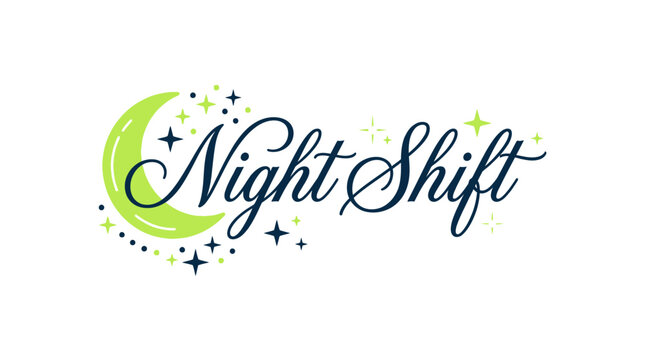 Night Shift text with lime green moon and stars illustration.