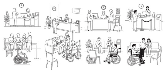 Obraz premium Reception and Waiting Area Line Art Set – Vector Sketches of Office Lobbies, Check-in Desks, Queues, Seating, and Wheelchair Accessibility for Interior and Facility Design