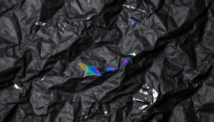 Naklejka premium Black crumpled paper texture with holographic iridescent tears