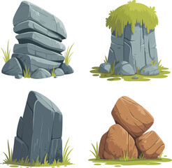 Cartoon rock vector set with mountain stones, mossy boulders and grass, isolated landscape elements © Sabina