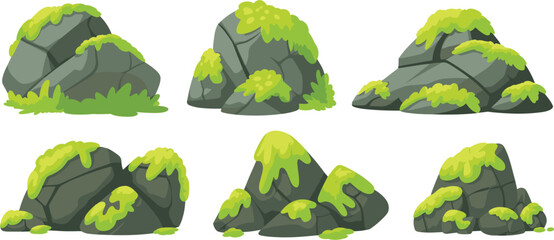 Mossy rock vector set with cartoon stones, green moss boulders, isolated landscape forest elements © Sabina
