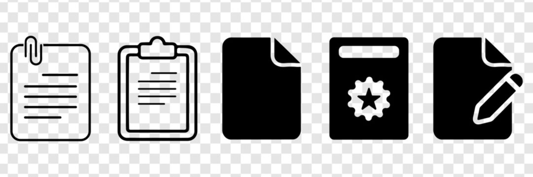 Document and clipboard icon set with outline and solid styles. Symbol of file management, data record, office workflow and report for business, digital interface and user interface design.