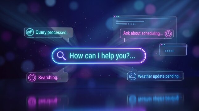 Digital search bar interface with how can i help you text and AI chatbot icons floating in cyberspace showing intelligent virtual customer support communication system