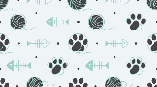 Playful seamless pattern with dark gray cat paw prints, blue yarn and light turquoise fish skeletons on a light background, illustrating pet lifestyle products or whimsical children's textile designs