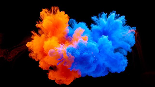 Abstract smoke colours vibrant blue and orange cloud black background creating dynamic colorful burst, vivid abstract smoke cloud orange and blue colours against black background with flowing texture