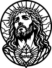Obraz premium Sacred Heart of Jesus Vintage Engraving Style Black and White Christian Religious Illustration