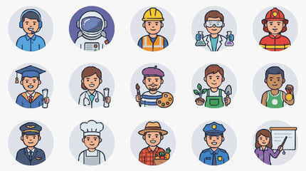 Modern Colorful Set of 15 Diverse Cartoon Profession Icons with Unique Attire and Accessories with high quality professional line art symbols for modern creative design and digital branding projects © Ayu