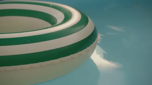 Green and white striped inflatable swim ring floating in swimming pool water. Summer recreation video. Poolside leisure and vacation concept.