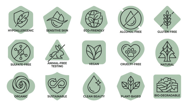 Fifteen modern line art icons on soft green geometric shapes, clearly outlining eco-friendly and ethical product certifications, illustrating brand transparency and consumer trust