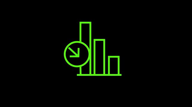 Bar chart graphic shows a declining trend with a sharp downward arrow indicating poor financial performance or negative market growth in this simple neon linear design for modern digital.
