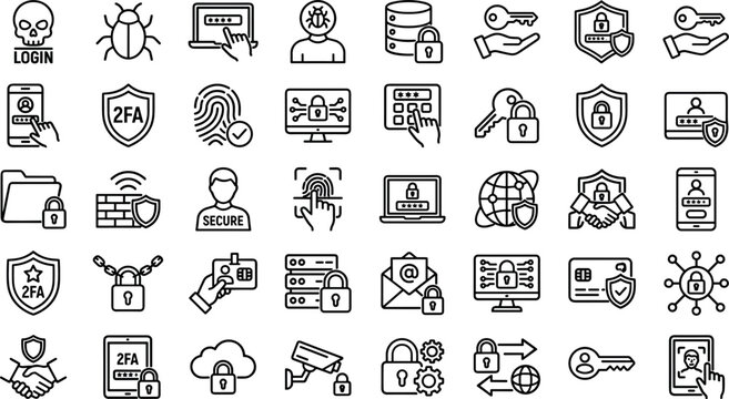 Cyber Security and Two Factor Authentication Line Icon Set with 2FA Shield Biometric Fingerprint Scans Secure Login Keys and Network Data Protection Symbols