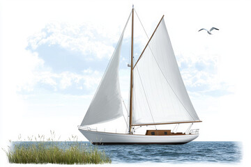 Fototapeta premium Beautiful sailboat gliding across calm waters under clear sky, surrounded by gentle waves and grass