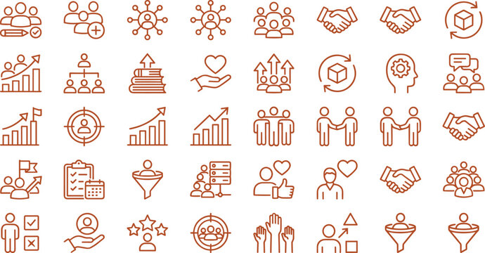 Customer Relationship Management and Business Teamwork Line Icon Set Featuring Corporate Growth Charts Sales Funnel Hierarchy and Handshake Vector Elements