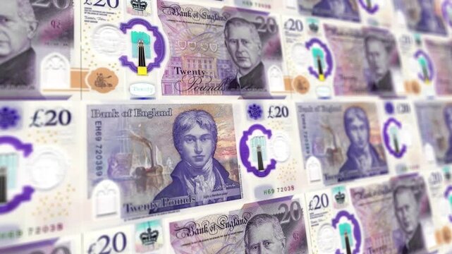 Seamless Looping Animation of British Twenty Pound Banknotes Stack, Horizontal Orientation, UK Currency Finance Background