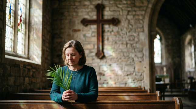 . Woman holding palm leaf against blurred cross background. Palm Sunday religious observance with Christian prayer. Spiritual worship concept for Easter holiday and church ministry service