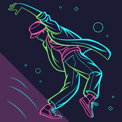 Neon outline of a person skateboarding on a ramp with dynamic motion lines, skateboard © Mamu