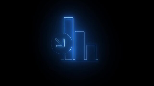 Bar chart glowing in blue neon light indicates a downward trend icon signifying a reduction in growth or revenue metrics for analytical corporate data visualization on a dark professional interface.