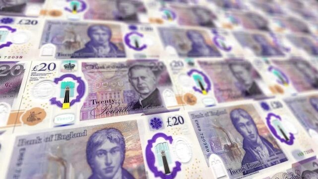 Looping UK Twenty Pound Bills Pile Animation, Horizontal Format, British Money Background for Business and Finance