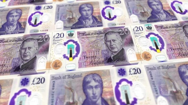 Animated Loop of British 20 Pound Banknotes Arrangement, Horizontal Video, UK Financial Banking Concept Background