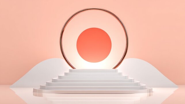 Elevated white staircase leads toward a glowing circular portal framed by rose gold
