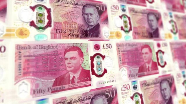 Seamless Looping Animation of British Fifty Pound Banknotes Stack, Horizontal Orientation, UK Currency Finance Background
