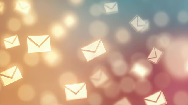 Multiple floating envelope icons symbolize digital communication and email messaging in a modern abstract background. Soft bokeh lights create a dreamy, futuristic atmosphere