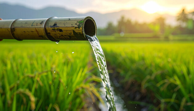 Water flowing from bamboo pipe irrigates vibrant green rice fields at sunset