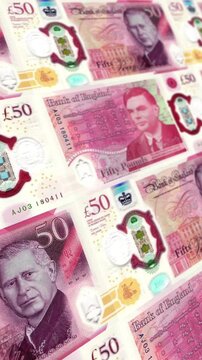 Looping British 50 Pound Sterling Bills Stack Animation, Horizontal Format, UK Money Background for Business Use