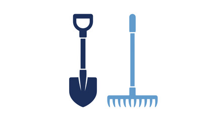 Blue shovel and rake garden tool icons. © gacor
