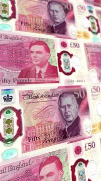 Animated Loop of British Fifty Pound Banknotes Arrangement, Horizontal Orientation, UK Finance Economy Concept Footage