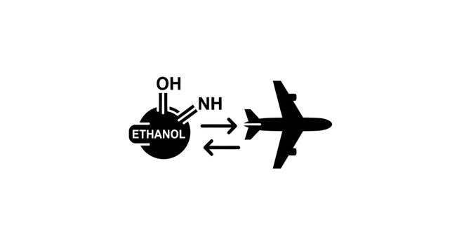 Ethanol chemical structure connects to an airplane silhouette with bidirectional arrows.
