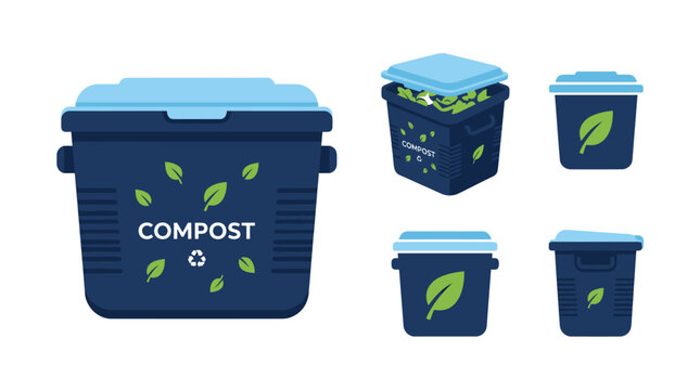 Blue compost bin icons for organic waste recycling.