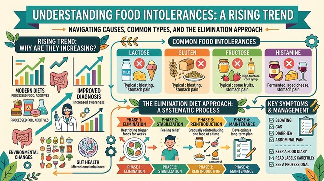 Comprehensive infographic explaining food intolerances and diet phases