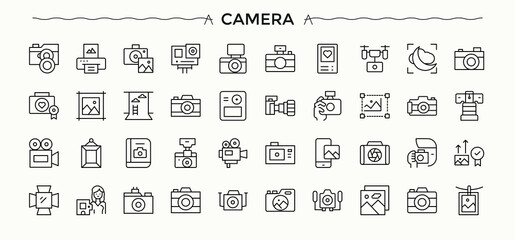 Camera linear icon set. Photography icon collection. Includes symbols for photo, photography, media, capture, photograph and more. Editable stroke. © Rubbble