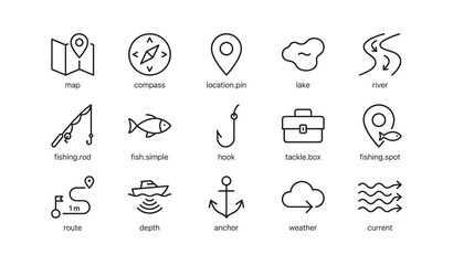 Fototapeta premium Navigation and fishing icons organized in grid layout