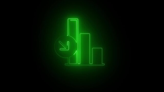 Bar chart graphic with a downward arrow indicates declining financial performance, showing a green neon illustration representing economic loss, market struggle, fiscal downturn and negative results.