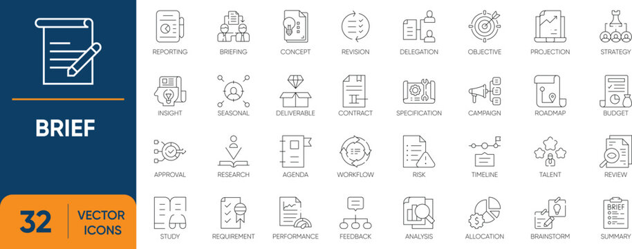 Brief Icon Set. Containing Briefing, Agenda, Inform, Summary, Report, Document and more. Editable vector Line icons collection.