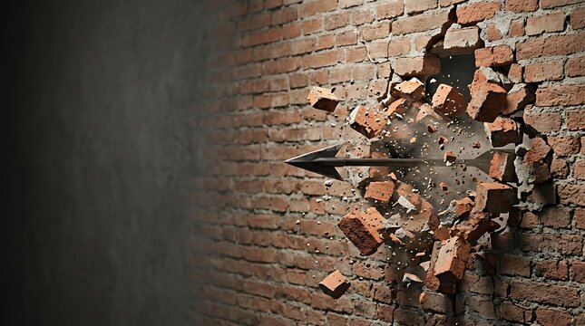 Arrow smashing through a solid red brick wall