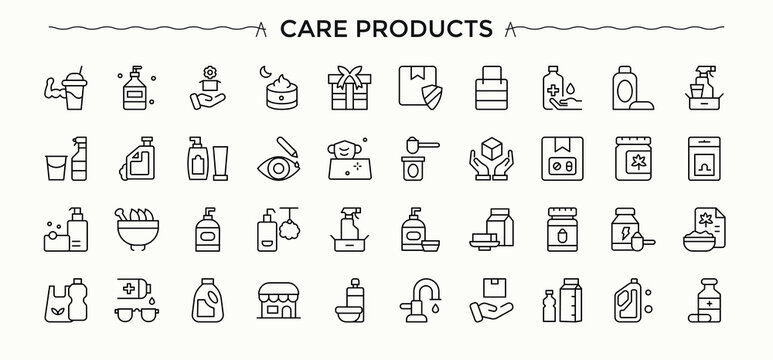 Care Products icon set. Includes thin line symbols care, mask, skin products, cosmetic, moist, health, product. Minimal linear icons. Vector illustration. Care icon pack.