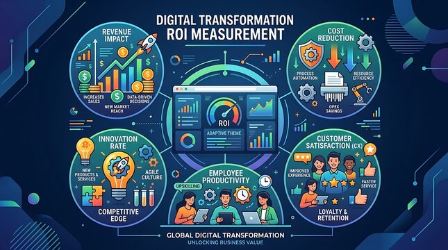 Digital transformation roi measurement infographic with business metrics