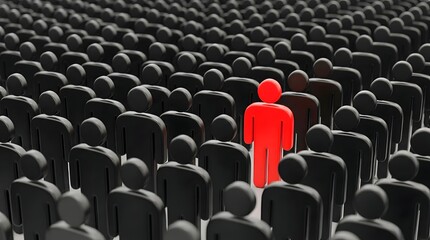 Obraz premium Single Red Figure Surrounded by Black Figures, Diversity and Individual Identity Concept