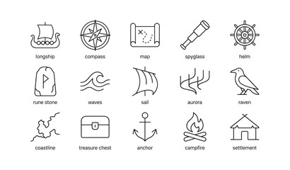 Fototapeta premium Nautical and viking icons showing navigation and seafaring symbols