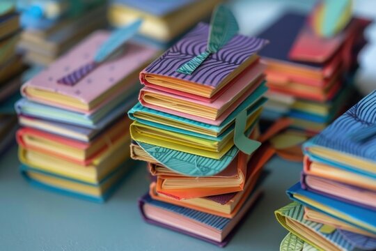 Miniature handmade books featuring vibrant paper covers and delicate bookmarks crafted from paper