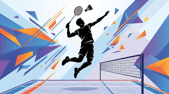 Dynamic illustration of a professional badminton player performing a powerful jump smash in a colorful abstract environment