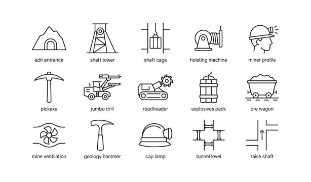 Mining equipment and underground icons depicting mine operations
